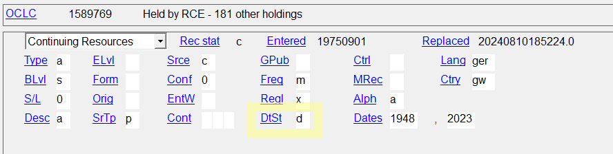MARC header Screenshot of MARC header with the DtSt field highlighted